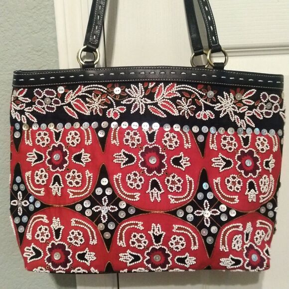 Isabella Fiori Beaded Sequined Canvas Leather Black Red Handbag Tote Bag - Picture 1 of 16